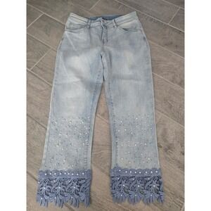 Orly Women's Light Wash Jeans Embellished with Pearls and Lace Trim Size 8 Ankle